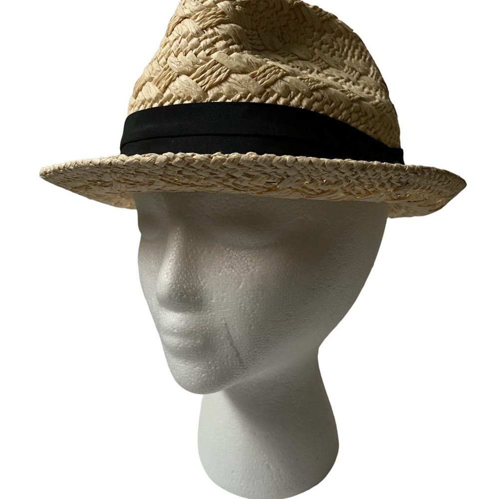 ALDO Paper Straw Fedora Hat Size Large Black Ribbon Lightweight Summer Hat